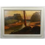 Attributed to David Young Cameron (1865 - 1945), fishermen with barges at dawn, oil on canvas,