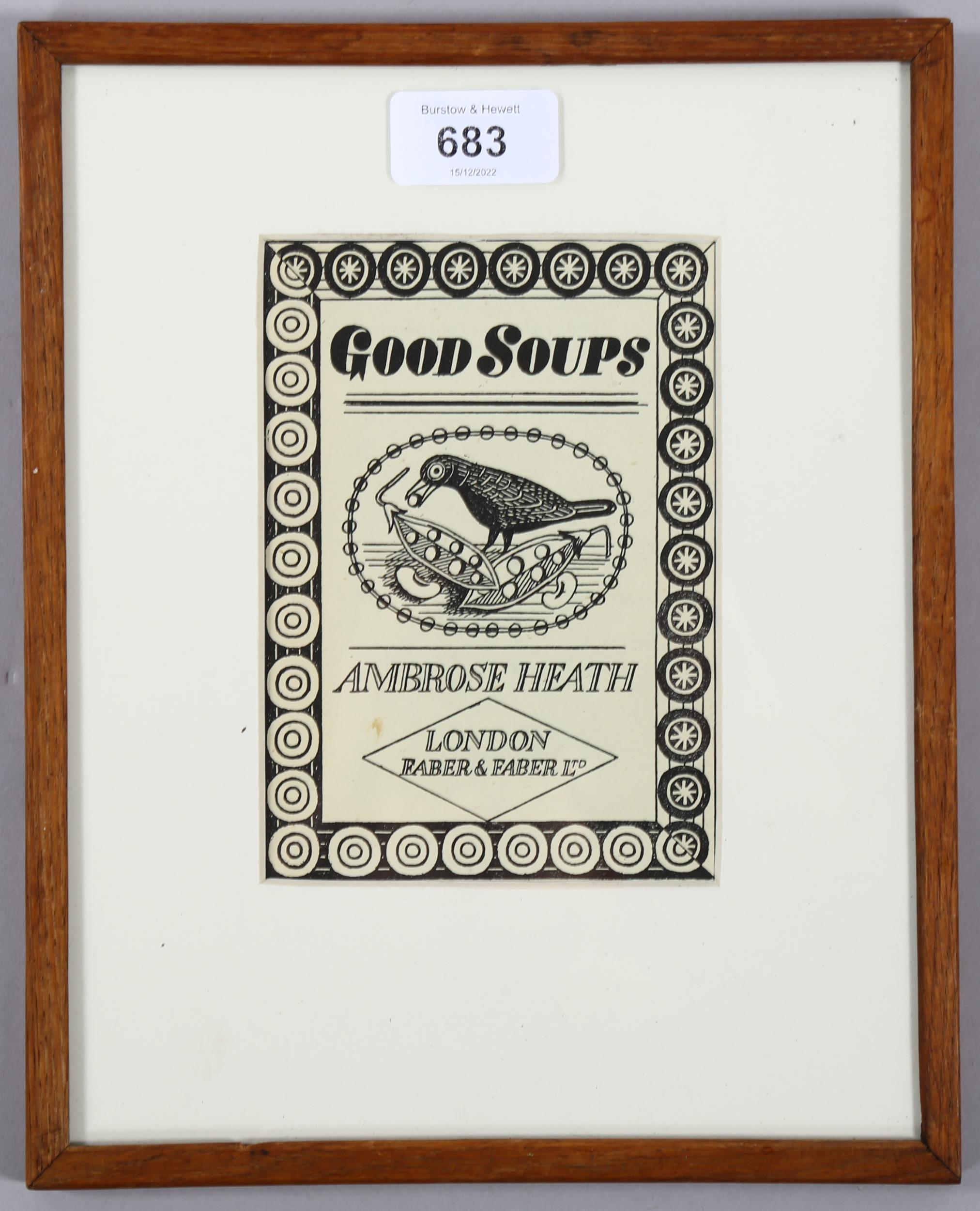 Edward Bawden, good soups, woodcut print, book sheet for Faber & Faber 1946, 15cm x 10cm, framed 1 - Image 2 of 4