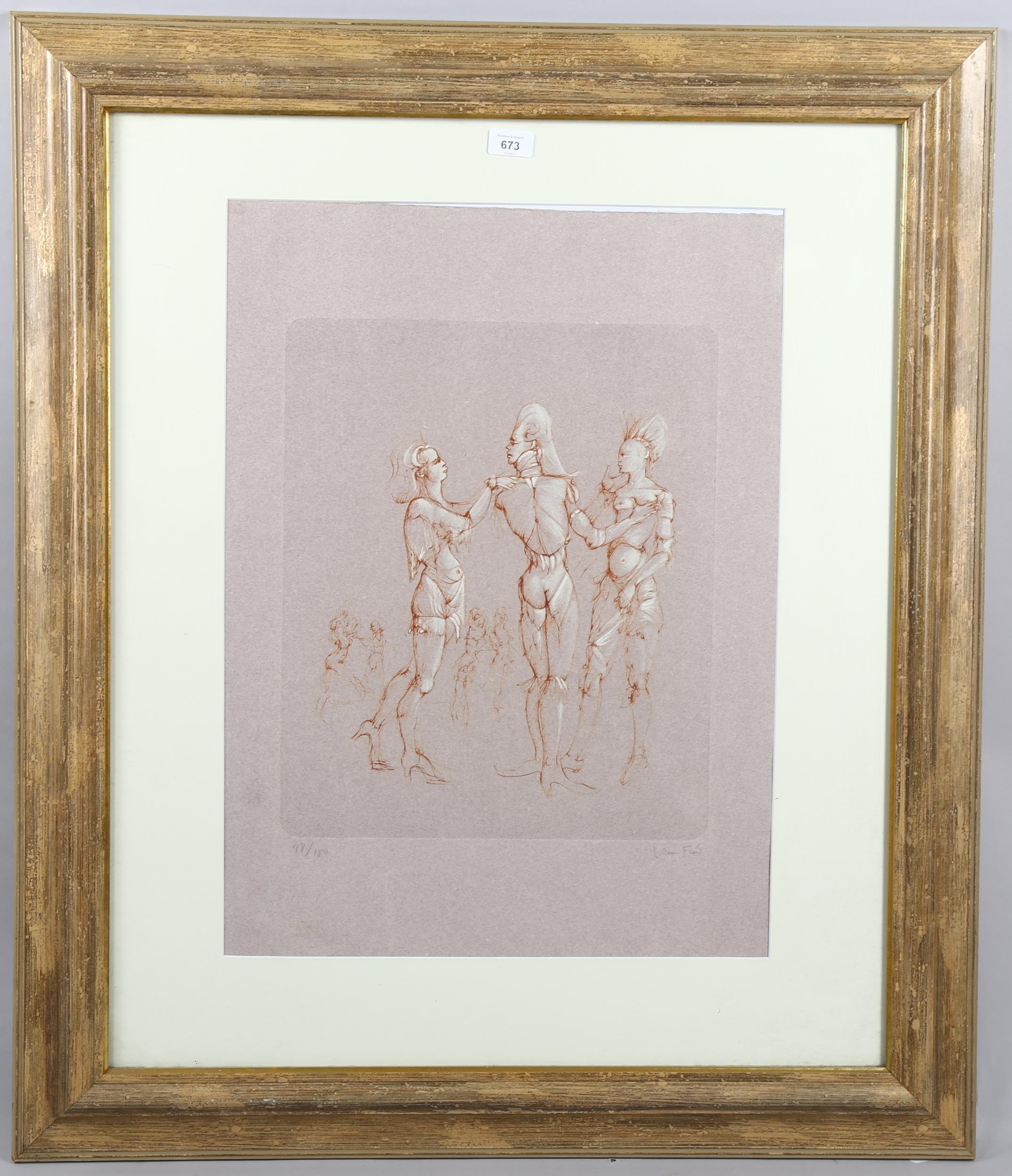 Leonor Fini, Meeting, etching with hand colouring, signed in pencil, no. 48/150, plate 45cm x - Image 2 of 4