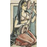 Mary Krishna, Indian musician, watercolour, signed, 31cm x 18cm, framed Slight paper discolouration