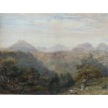 19th century extensive topographical landscape, watercolour, unsigned, 54cm x 70cm, framed Slight