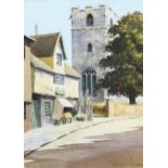 T Waits, village church, watercolour, signed, 35cm x 25cm, framed Good condition