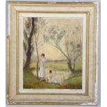 Barnes, girls by a lake, oil on canvas, signed, 46cm x 39cm, framed Untouched condition, slightly