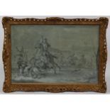 19th century watercolour/ink on blue paper, dramatic battle scene, signed with monogram, 26cm x