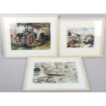 3 x 20th century watercolours, boatyard, 28cm x 38cm, tractors in a barn, and a canal scene