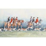 Judith Walsh, fox hunting scene, watercolour, signed, 35cm x 53cm, framed Good condition