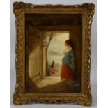 19th century oil on panel, woman by an open door, unsigned, 36cm x 25cm, framed Good condition