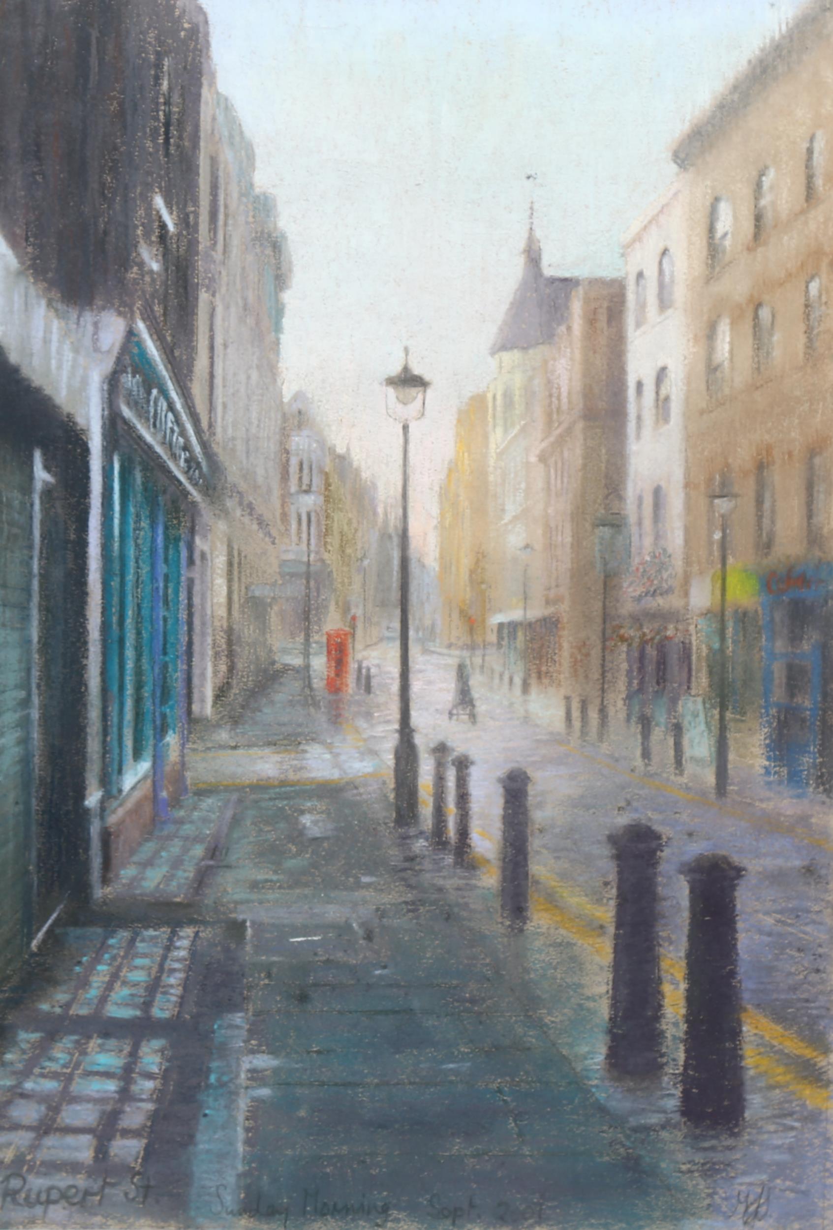 Coloured pastels, Rupert Street Sunday morning 2001, indistinctly signed, 42cm x 29cm, framed Good - Image 2 of 4