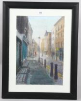 Coloured pastels, Rupert Street Sunday morning 2001, indistinctly signed, 42cm x 29cm, framed Good