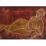 Oriental woodcut print, reclining figure, indistinctly signed in pencil, image 35cm x 50cm, framed