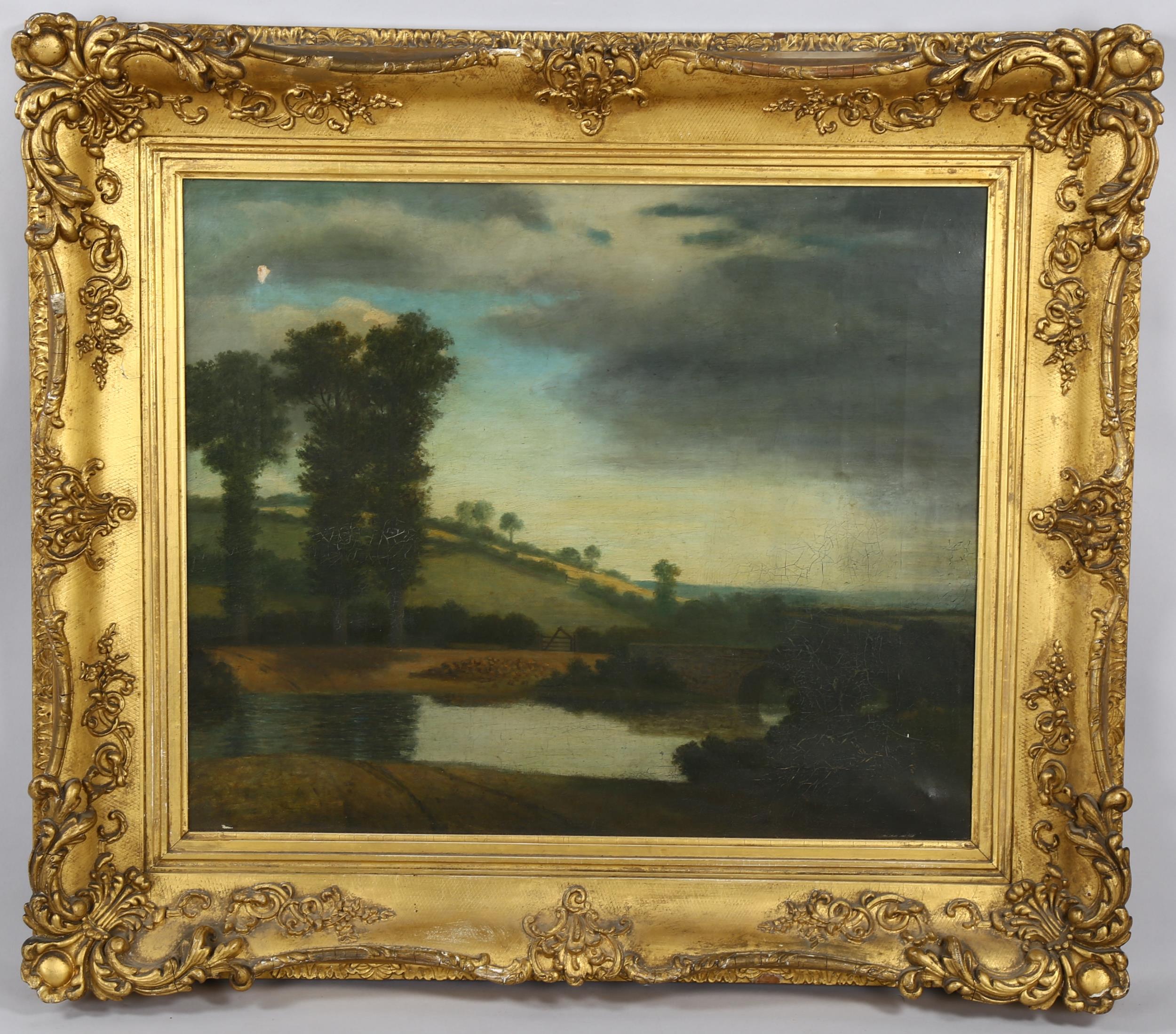 19th century oil on canvas landscape, unsigned, 48cm x 56cm, framed Paint chip in top left-hand