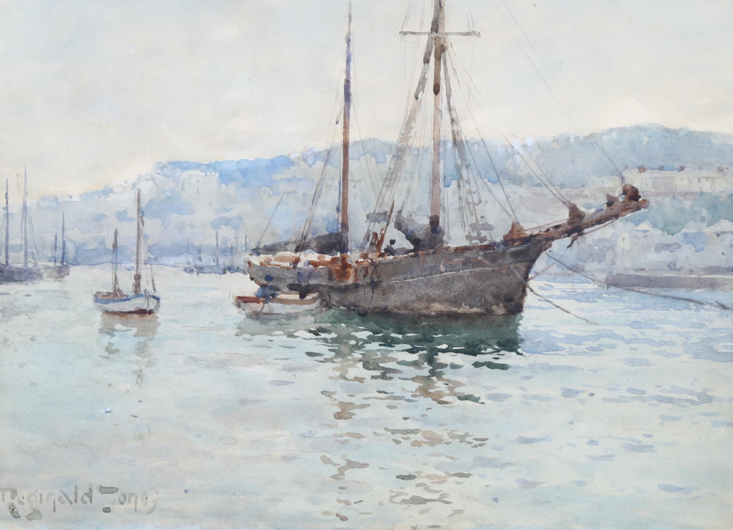 Reginald T Jones (1857 - 1920), Schooner St Ives, watercolour, signed, 26cm x 35cm, framed