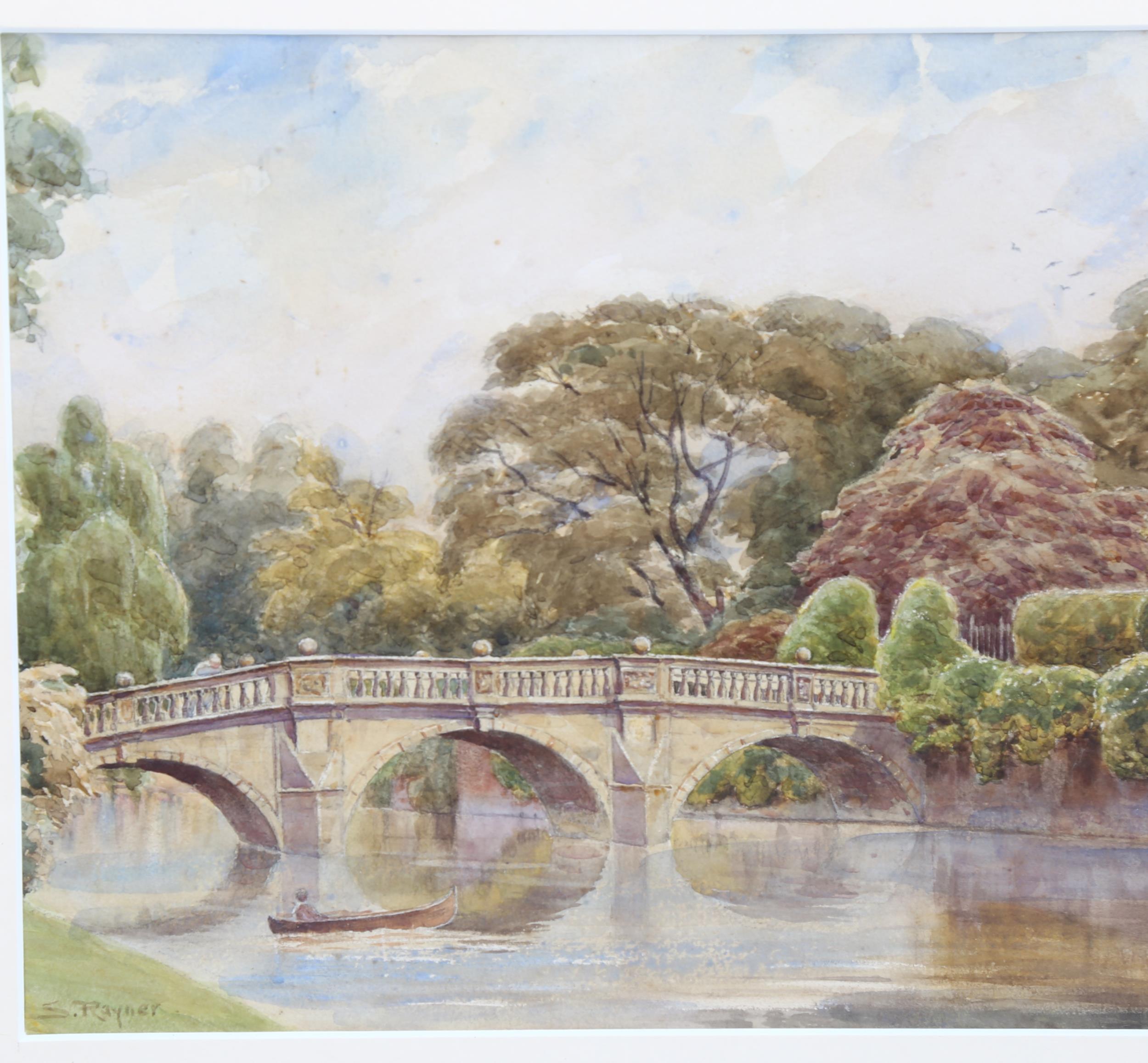 S Rayner, stone bridge towards a country house, watercolour, signed, 24cm x 35cm, framed Good - Image 3 of 4