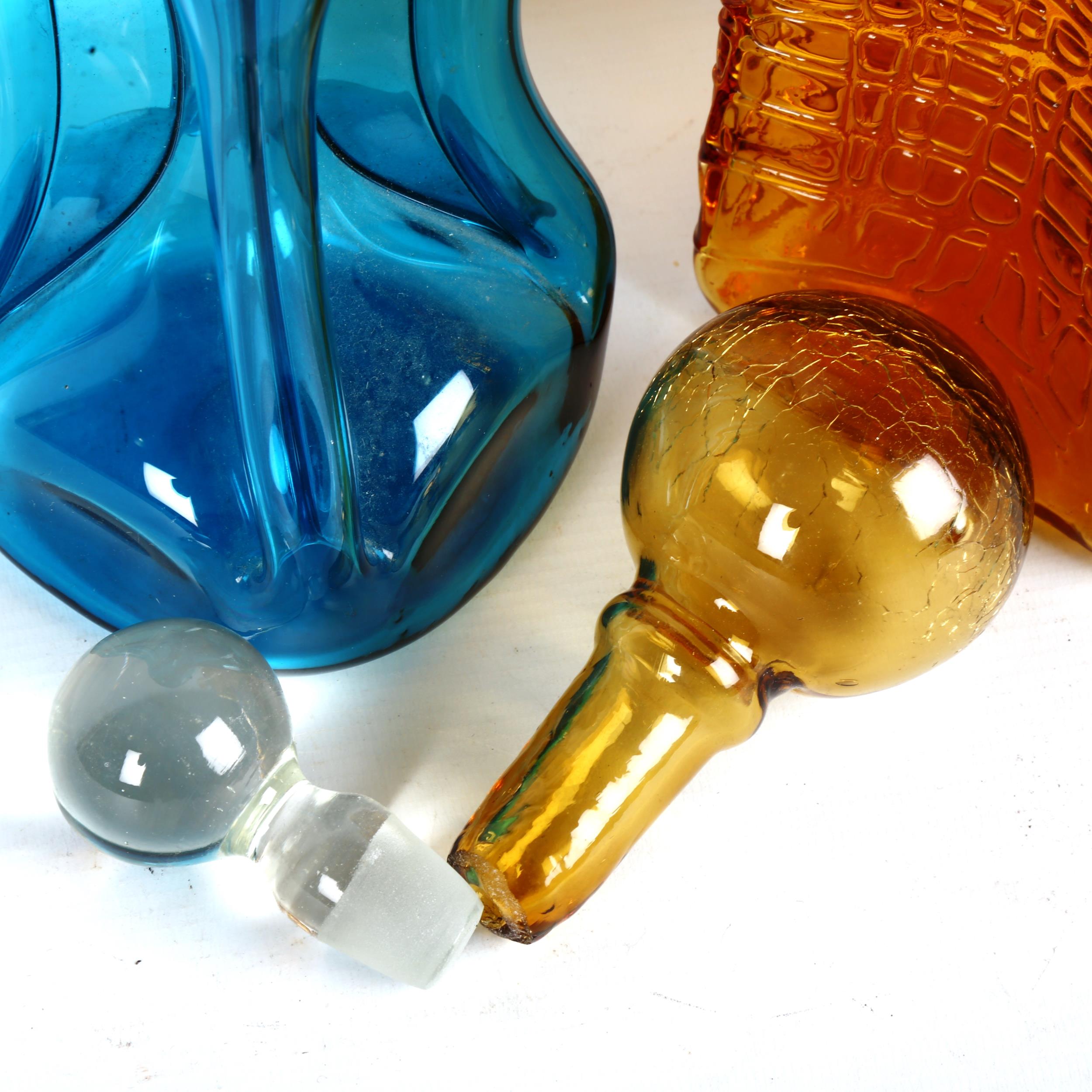 2 mid-century hand made decanters, blue glug glug and Amber decanter with makers label "Verrerie d' - Image 2 of 4