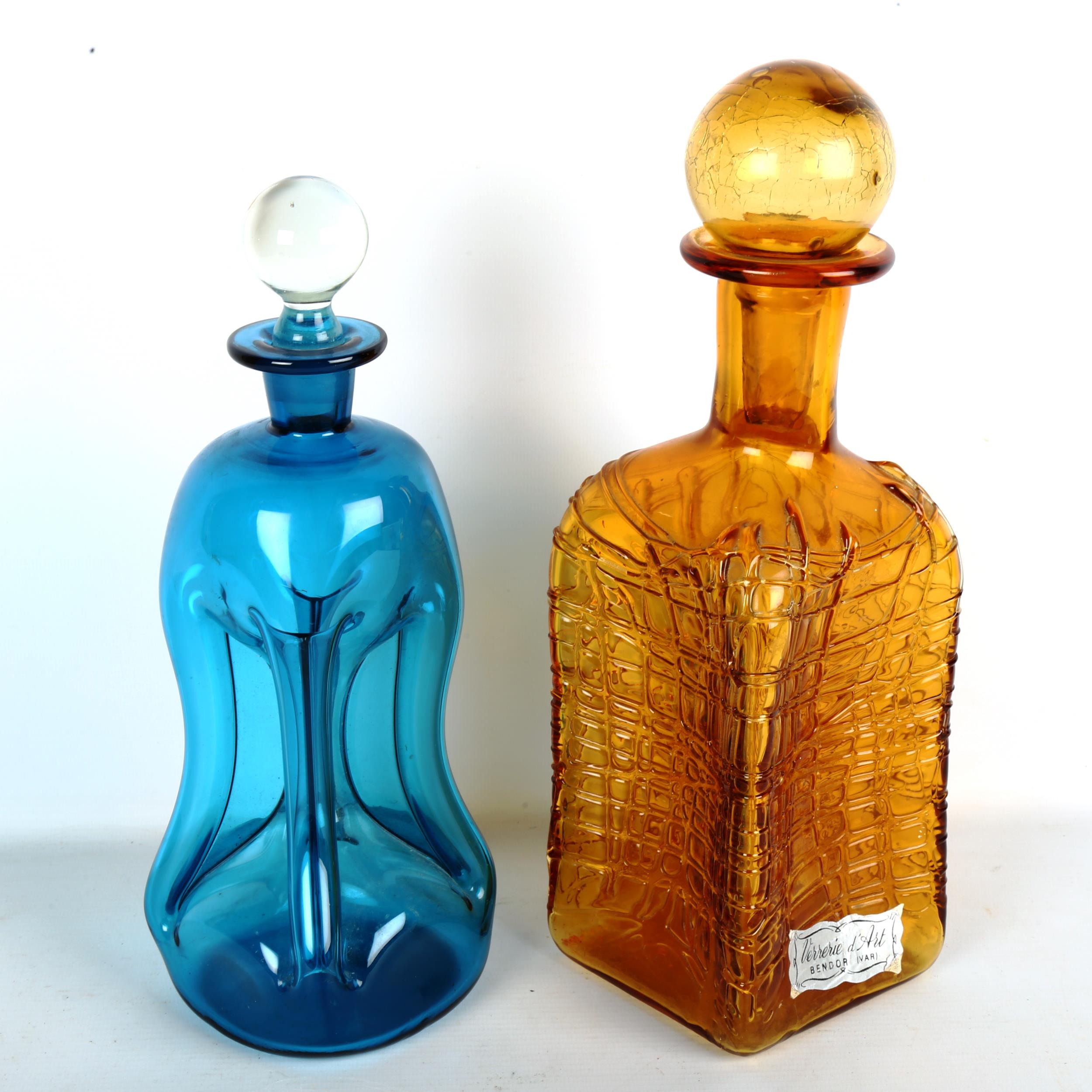 2 mid-century hand made decanters, blue glug glug and Amber decanter with makers label "Verrerie d'