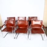 A set of 6 MATTEO GRASSI chrome cantilever Visitors armchairs, with cognac brown leather seats,