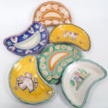 C.A.S. VIETRI, Italy, 6 mid-century crescent shaped pottery dishes with various painted