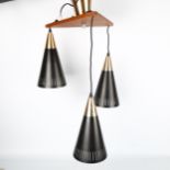 A mid-century 3 branch teak and aluminium ceiling lamp fitting in the style of HANS AGNE