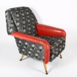 A mid-century armchair, with space age fabric and leather arms, on beech legs, height 87cm Good