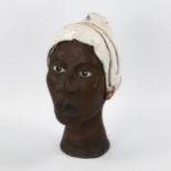 A mid-century raku fired ceramic bust, makers initials to base, height 18cm Section of headscarf