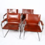 A set of 4 MATTEO GRASSI chrome cantilever Visitors armchairs, with cognac brown leather seats,