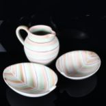 Denby pottery, two striped leaf dishes and a matching jug, 1950s, jug height 14cm Good condition, no