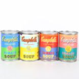 Four tins of ANDY WARHOL limited edition Campbells soup, made 2016 tear and stains to one label,