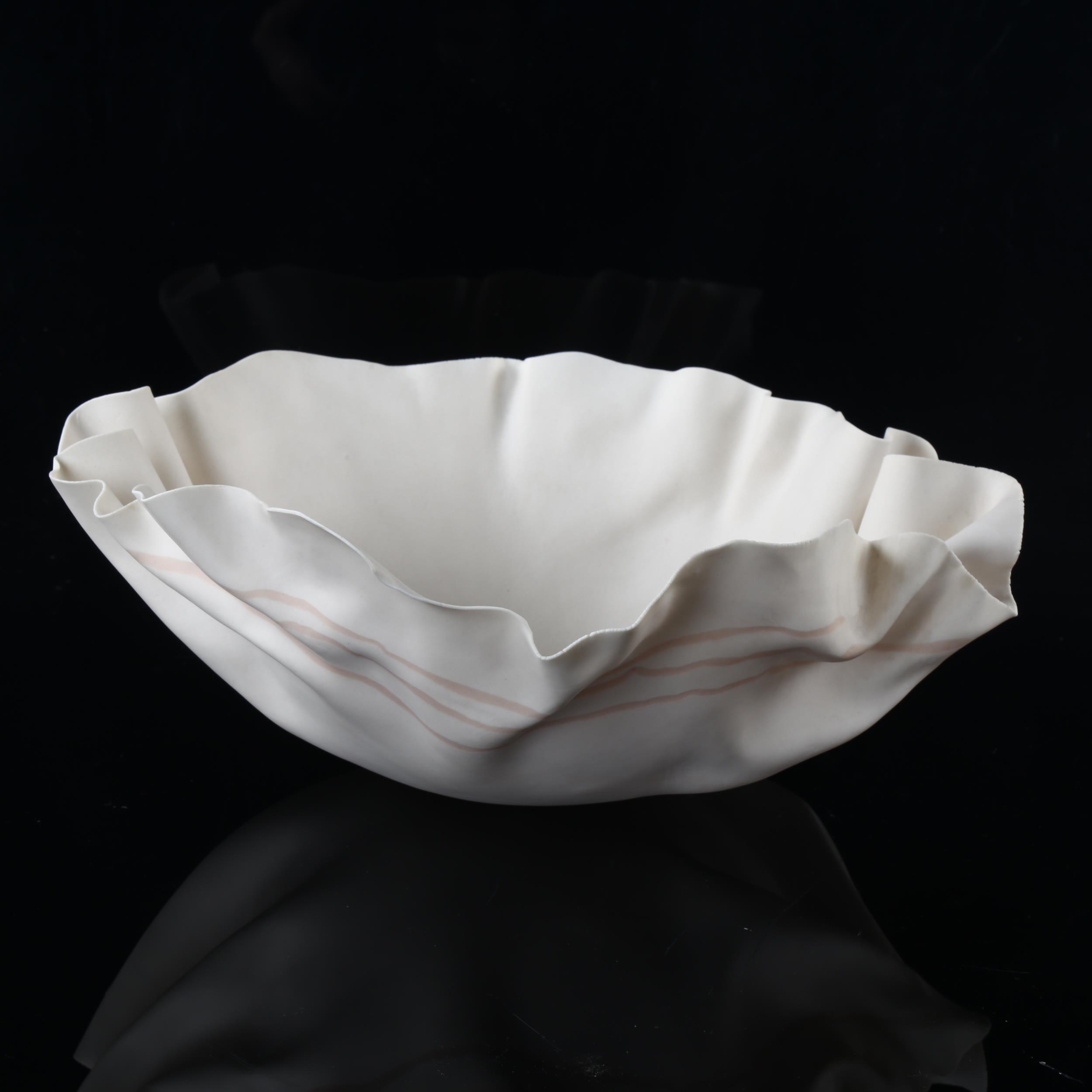 ROMA BABUNIAK, a studio ceramic unglazed porcelain vase with crumpled form and stripe decoration, - Image 4 of 4
