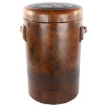 A mid-century leather work laundry bin by Hidecraft, New Zealand, original label, height 53cm Good