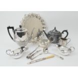 Assortment of silver plated wares including a Victorian style salver, 34cm diameter, pedestal coffee