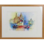 Ian Fennelly (Contemporary), The Liver Building from the Mersey, watercolour, pen and ink, signed,