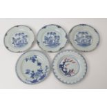 Five Chinese blue and white plates, Kangxi and later (all restored), 22.5-23.5cm diameter