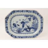 Chinese blue and white export meat plate, late 18th Century, canted rectangular form decorated