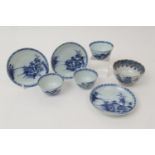 Three Chinese blue and white export tea bowls and saucers, from the Nanking Cargo, circa 1750,