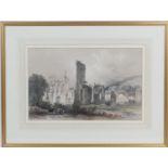 Victorian lithographic print, Byland Abbey looking West, 31cm x 49cm