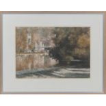 George Thompson (1934-2019), suspension bridge and weir, River Dee, Chester, pastel drawing, signed,