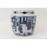 Chinese blue and white jar, having a wide neck with holes for a handle, decorated with panels