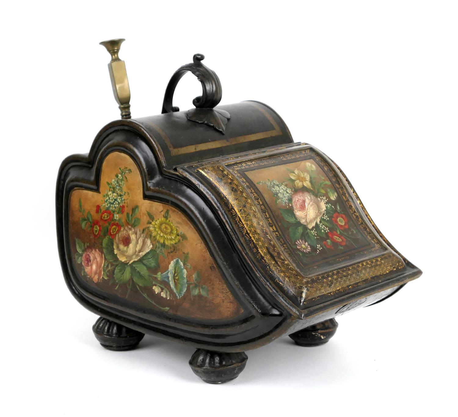 Henry Loveridge & Co. toleware coal scuttle, painted with floral panels against a black japanned