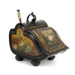 Henry Loveridge & Co. toleware coal scuttle, painted with floral panels against a black japanned