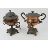 Two Regency copper samovars, one having ring handles over a square base, height 34cm, the other