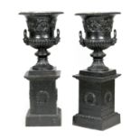 Pair of cast iron twin handled campagna pedestal garden urns, width 56cm, height 140cm