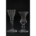 George III wine glass, circa 1785, round funnel bowl engraved with initials 'IW', dispersed with