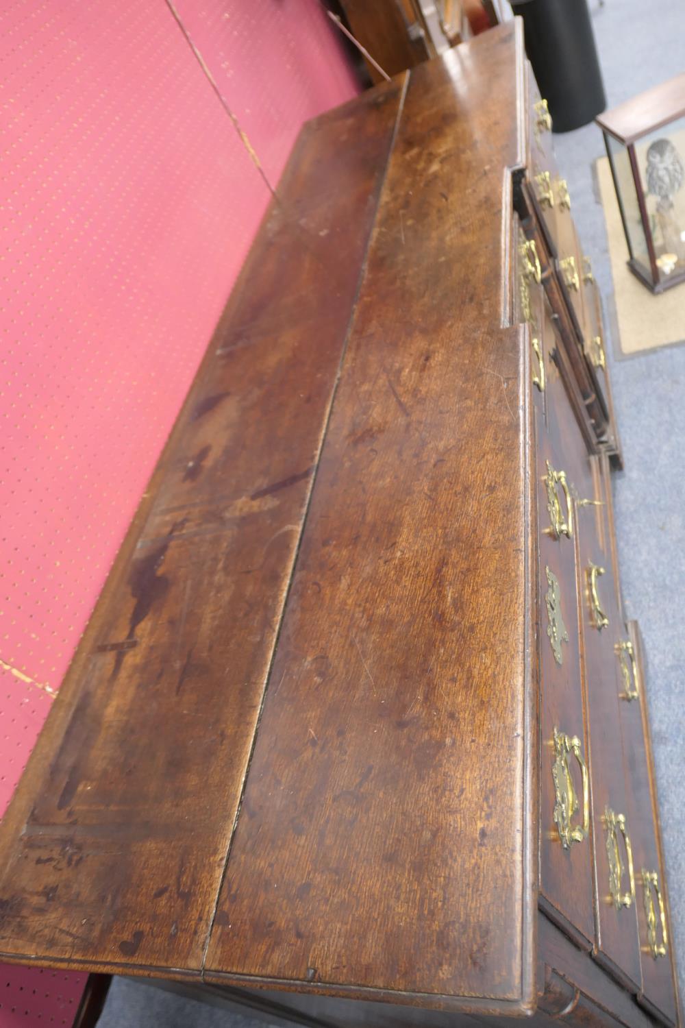 George II oak inverted breakfront dresser, circa 1730-50, two plank top over a central short - Image 5 of 16