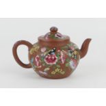 Chinese Yixing enamelled terracotta teapot, 19th Century, decorated with butterflies and flowers