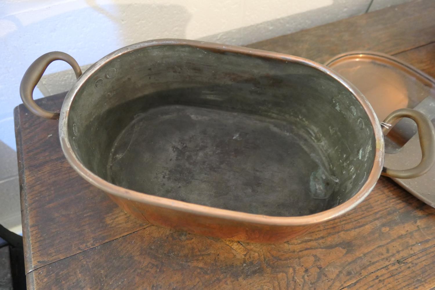 Victorian copper fish kettle, with lid, 46.5cm, handle to handle the vessel 36cm; also a twin - Image 3 of 10