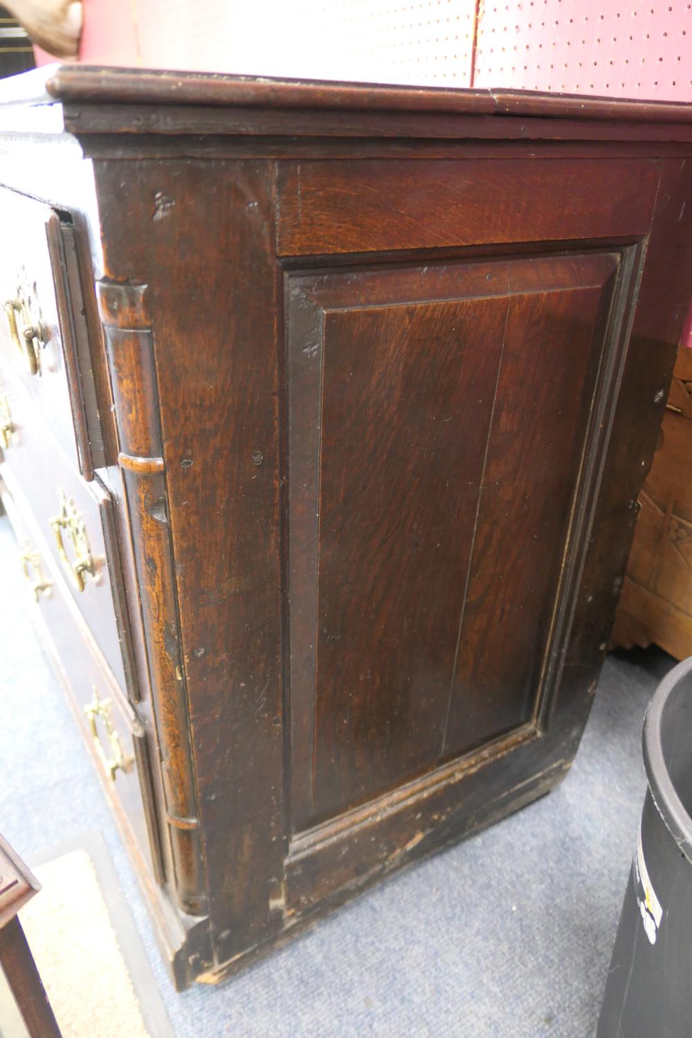 George II oak inverted breakfront dresser, circa 1730-50, two plank top over a central short - Image 9 of 16