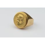 Russian 5 Rouble gold coin, set into an unmarked yellow gold gent's signet ring, gross weight