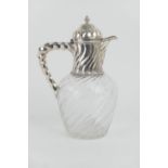 French silver mounted claret jug, circa 1900, domed, hinged cover over a wrythen fluted collar and