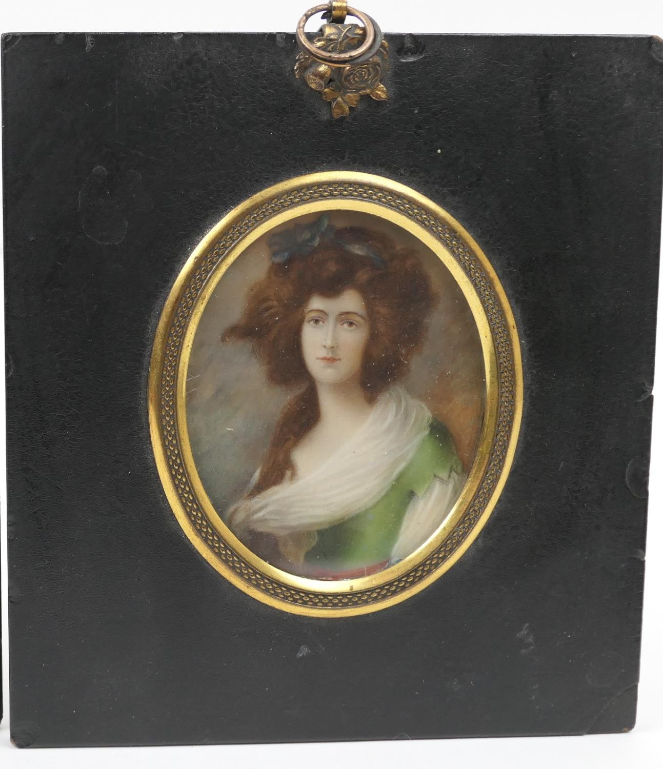 French portrait miniature, circa 1900, featuring a young lady in a green dress with white scarf,