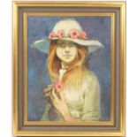 George Thompson (1934-2019), Portrait of a girl in a wide brimmed hat adorned with flowers, signed